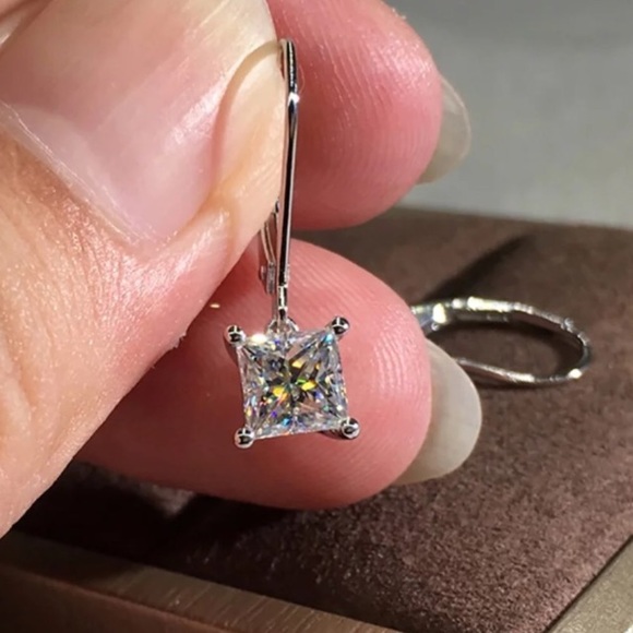 2 Carat Princess Cut Solitaire Drop Earrings - Picture 2 of 4